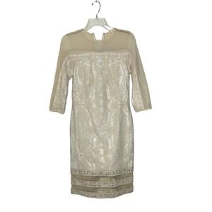 Tadashi Shoji Embroidered Mesh Tulle‎ Sheath Dress Lined 3/4 Sleeve  6 Women Tan